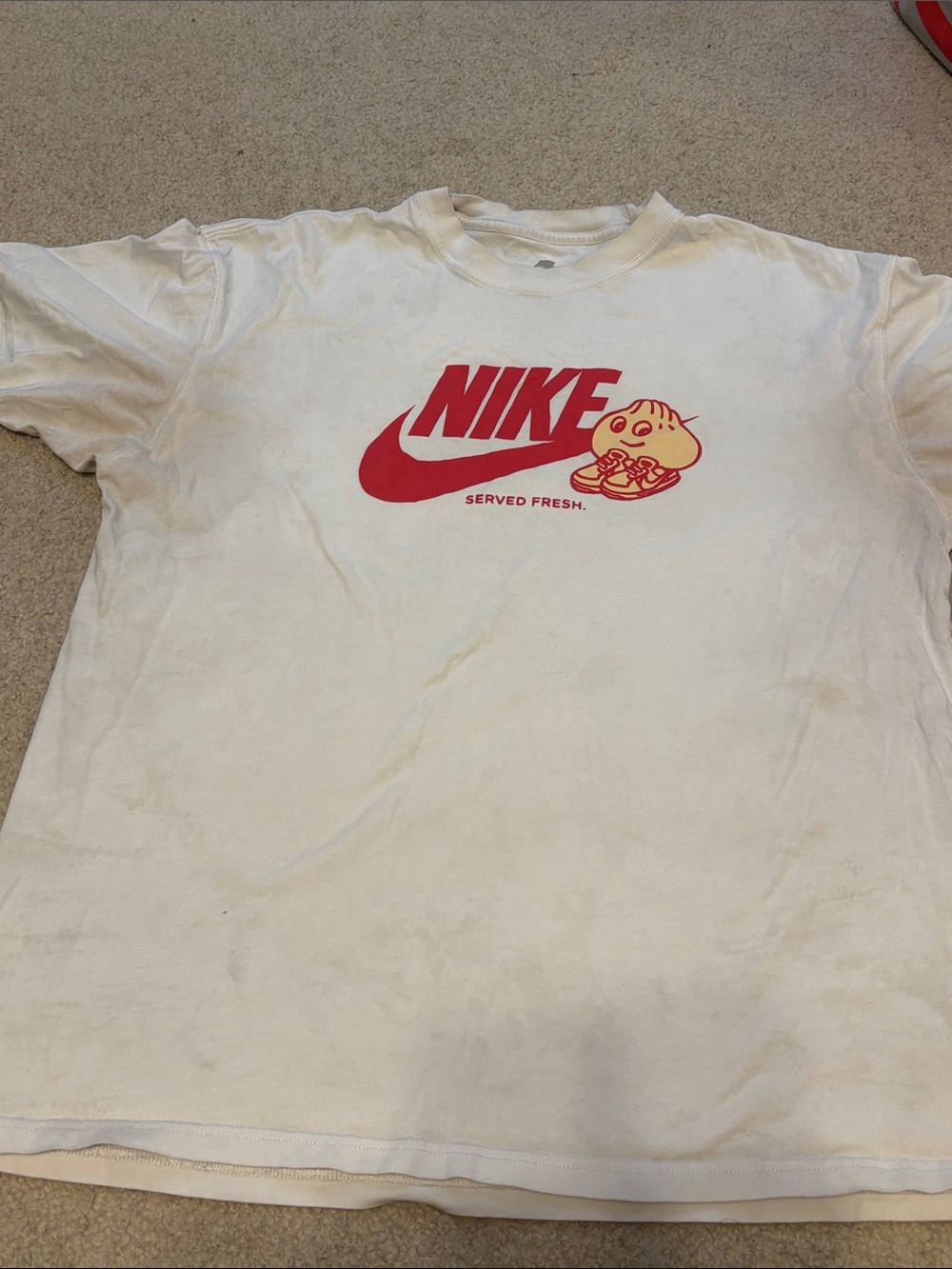 Nike White Tee with Red Logo and Yellow Cartoon